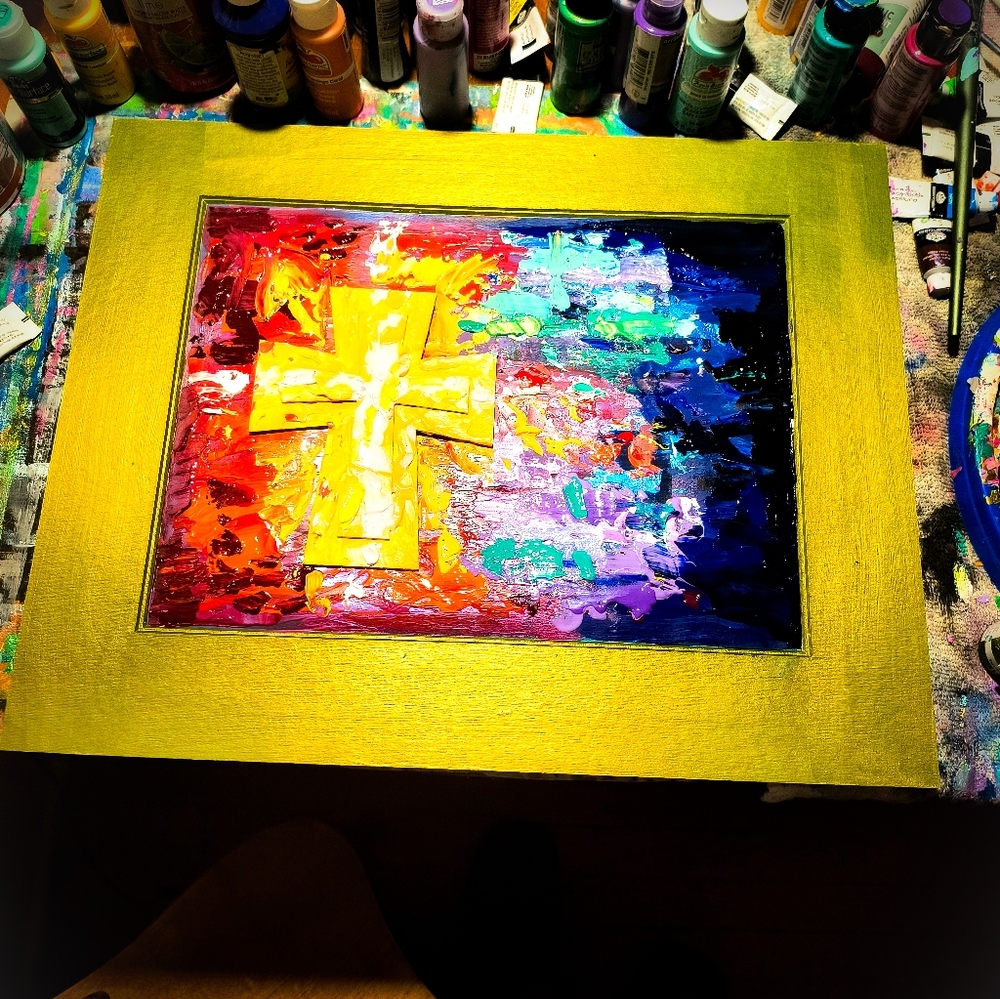 Vibrant Abstract Cross Art Hand Painted By A Boston Massachusetts Artist Framed